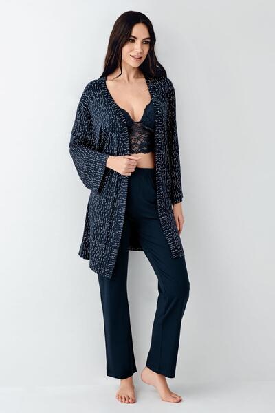 Arnetta Women's Navy Blue 3-Piece Pajama Set, Solid Bottom Pajama Patterned Robe and Bralet Set 50% Cotton 50% Fashion