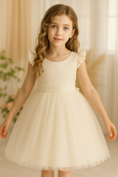 NSMLİFE Girl's Pearls Ruffle Sleeve Dress Graduation Birthday Special Occasion Evening Dress