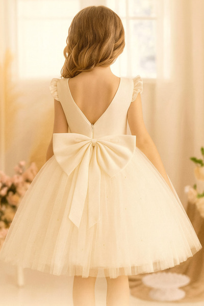 NSMLİFE Girl's Pearls Ruffle Sleeve Dress Graduation Birthday Special Occasion Evening Dress