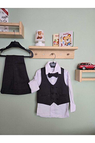 Terry Kumaş papyonlu yelekli alt üst erkek bebek takımı