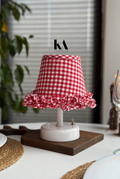 KaiAtelier Mia Keten Fırfırlı Kablosuz Masa Lambası / Mat Beyaz Ayak