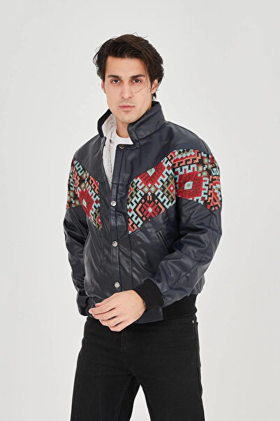 GökTR    Men's Lined Vintage Jacket with Plush Inside Collar - Navy Blue