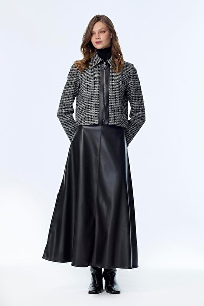 Zühre Tweed Patterned Leather Detailed Black/Black Double Suit