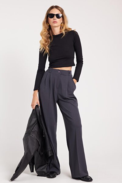Tudors Kadın Regular Fit Klasik Kesim Yüksel Bel Geniş Paça Antrasit Pantolon