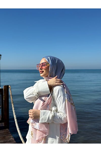 sem oyuncak Vual Silk Shawl Luxury Pink Blue Gradient Floral Patterned 90X180