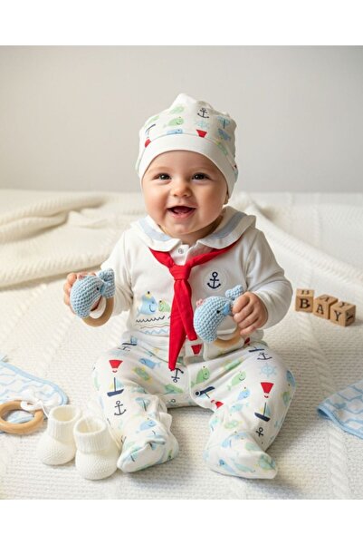 Baby-Kid Store Pamuklu Erkek Bebek 3'Parça Denizci Tulumu Seti
