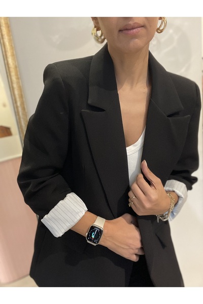 Butik Kadın, Kolu Katlamalı, Çizgili Astarlı, Siyah Blazer Ceket