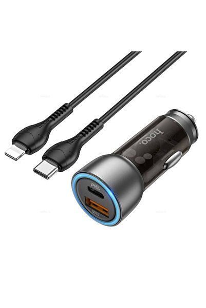 Hoco Incarcator Auto Duo Charge NZ8 + Cablu Lightning, QC 3.0, USB si type-C, Negru