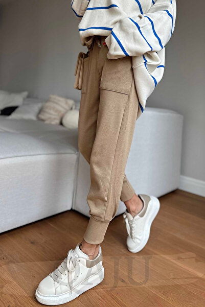 Qaju Women's Knitted Pocket Detail Knitwear Trousers Beige