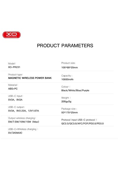 Xo PR231, 15W, 10000 mAh, Wireless, PD/20W, MagSafe + Support, White