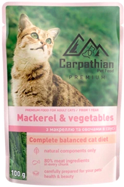 Carpathian Wet Cat Food, Premium Adult, With Mackerel and Vegetables, 100 g