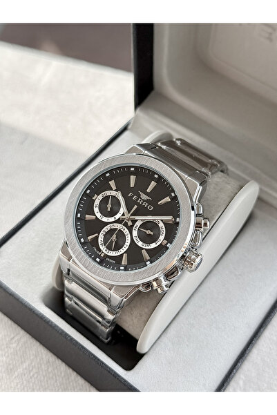 FERRO ساعة يد رجالية بسوار فضي من الفولاذ FM40123A-A2 جميع الوظائف نشطة 3 ATM مقاومة للماء