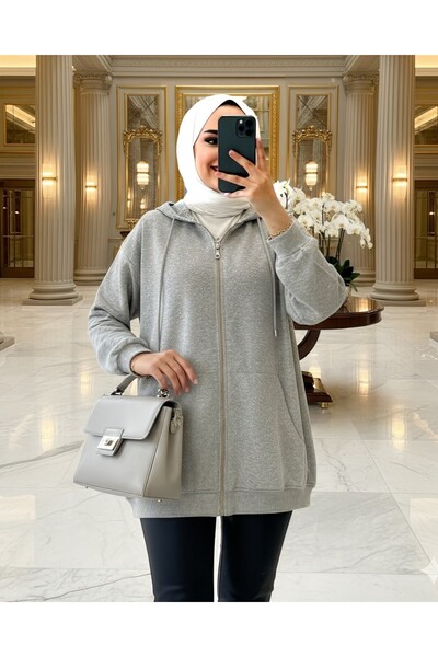 Modamorfo Hanorac cu glugă și fermoar cu buzunar cangur - gri deschis