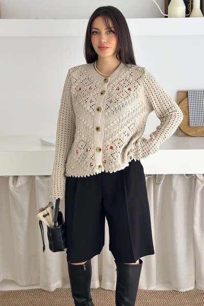 FEMELLE Beige Embroidered Buttoned Openwork Knitwear Cardigan Standard Size