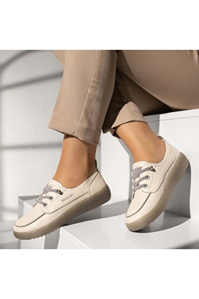 BMoD Pantofi sport damă din piele naturală bej și gri, cu șireturi elastice M...