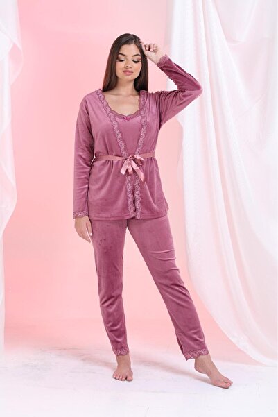 Elit Women's 3-Piece Velvet Dressing Gown Pajama Set Dowry Set