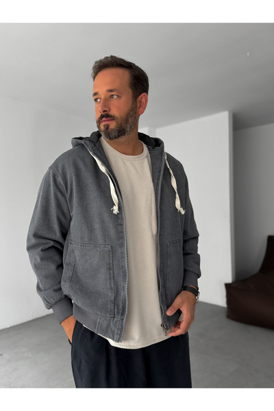 BYBASICMAN Anthracite Hooded Denim Jacket Stk-8058