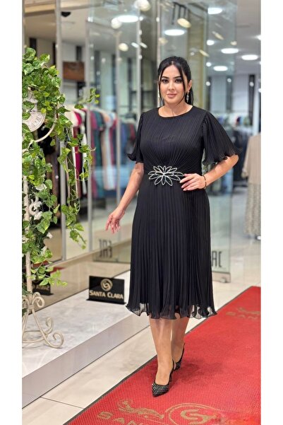 live forever Büyük Beden Pileli Şifon Abiye Elbise – Volan Kol, Midi Boy, Bro...