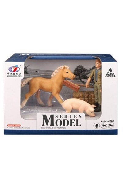 Toy Toy Toy Set de figurine animale din plastic pentru copii, maro deschis cal si porc cu fermier, 17x9x12 cm