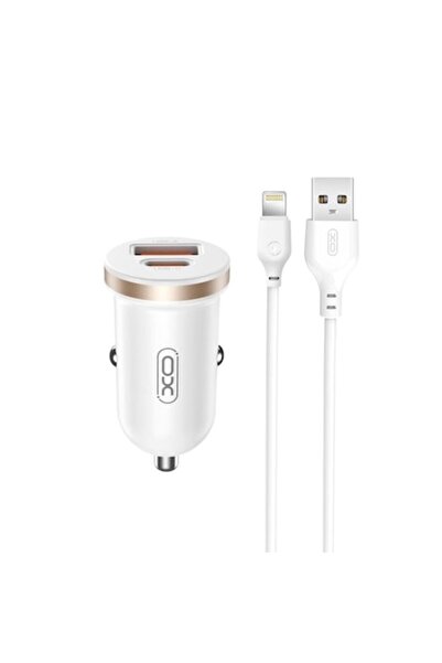 Xo Încărcător auto 12V XO, 30W, USB-A, USB-C, QC 3.0, PD3, CC56 + cablu Lightning, alb