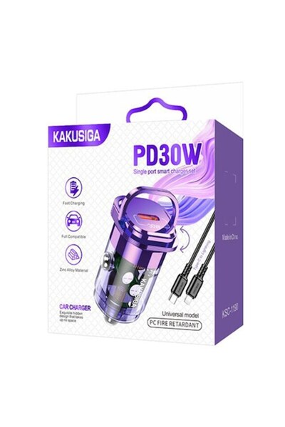 KAKU Încărcător auto (KSC-1190) + cablu Lightning, 1m, PD 30W, 1xUSB-C, violet