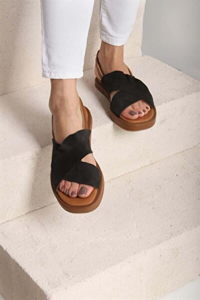 Majensia 131302 Cross Strap Sandals Genuine Leather Black Suede