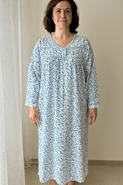 5.MEVSİM Maternity Nightgown, Blue Floral Comfortable Fit Inside Woolen Long ...