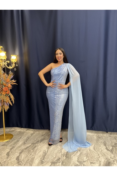 DADO BELLA İndigo Çift Renk Tül Üzeri Boncuk Payet İşlemeli Omzu Açık Şifon Y...