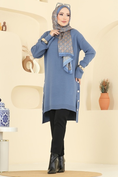 ModaMerve Düğme Detay Yırtmaçlı Tunik 2716AYD574-MS İndigo