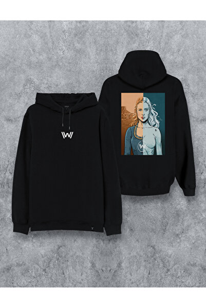 MODA Hanorac cu glugă Westworld cu imprimeu negru cu glugă Swea tricou