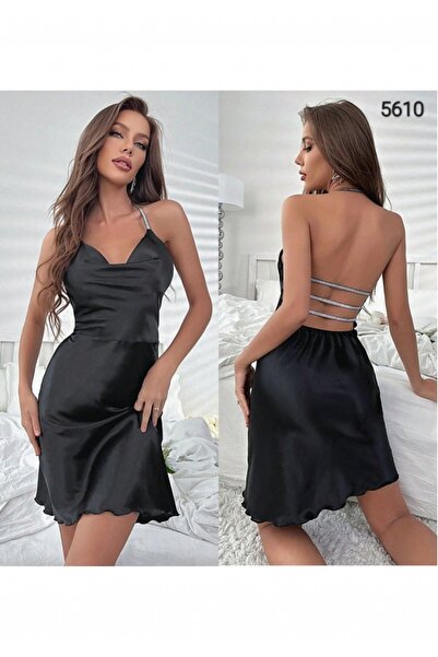 Genel Markalar Siyah Saten Sim Askılı Fantezi Gecelik