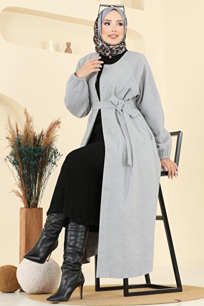 ModaMerve Gizli Düğmeli Kaşe Kaban 0504BG354-MS Gri