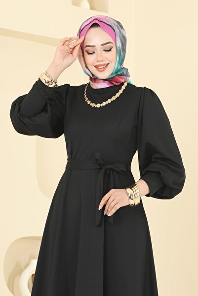 ModaMerve Beli Kuşaklı Krep Elbise 23031UKB139-MS Siyah