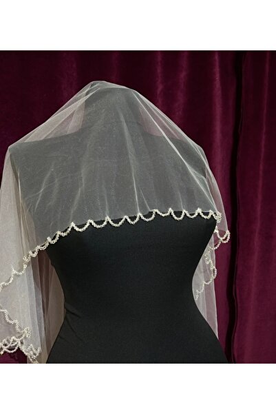 Tasarım Kristal İşlemeli Kırık Beyaz Nikah Düğün İçin Gelin Tül Duvak (250cm)