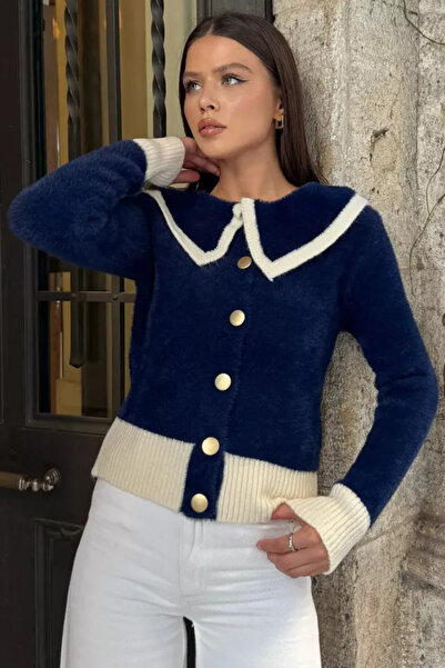 studio fashion 1988 Women's Navy Blue Baby Collar Soft Yarn Knitwear Jacket