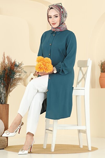 ModaMerve Gömlek Yaka Detaylı Tunik 2001ERK1158-MS Petrol