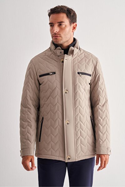 İmza Dark Beige Stand Collar Casual Slim Fit Quilted Stretchy Coat 1007255126