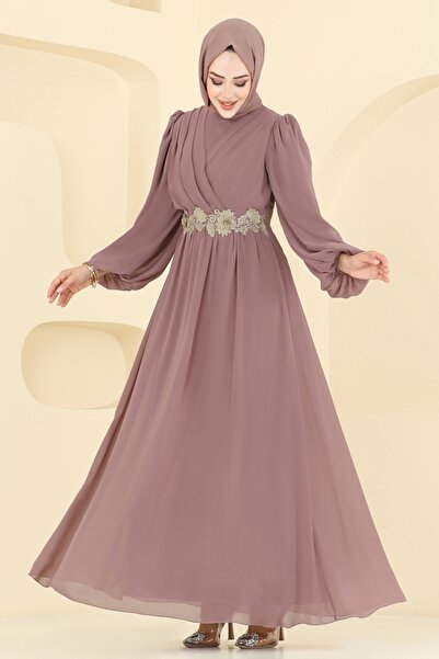 ModaMerve Beli Güpürlü Şifon Abiye 8115AB368-MS Pudra Vizyon