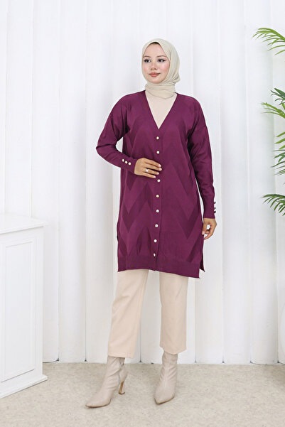 benguen كارديجان طويل منقوش ومُعالج بالمرسرة N3193 بلون البرقوق