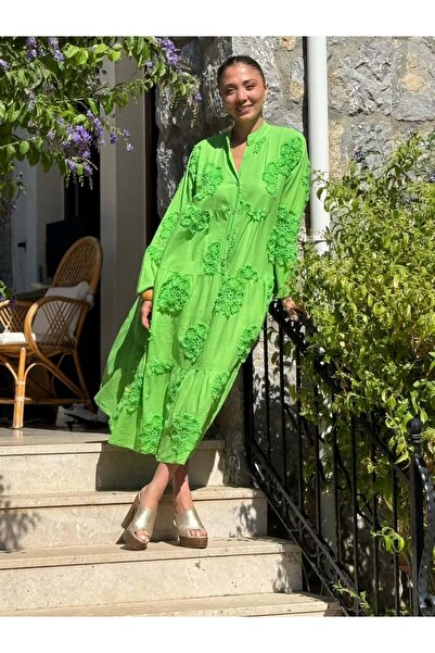 Punta Otantik Pt54830 Front Buttoned Embroidered High Neck Cotton Italian Dress Green