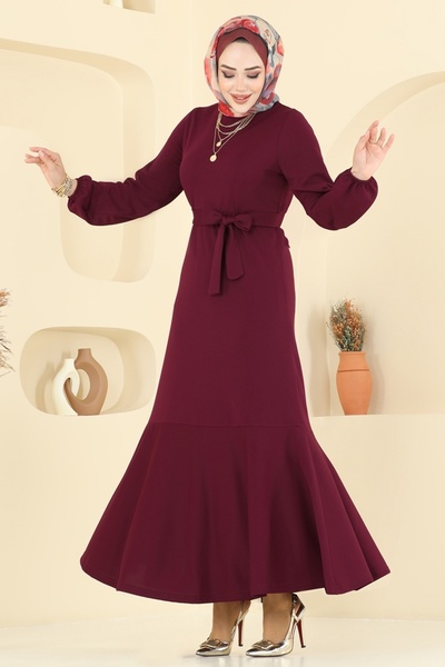 ModaMerve Eteği Katlı Mira Elbise 8133AB368-MS Bordo