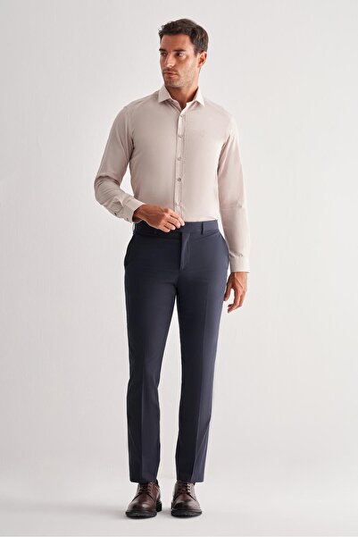 İmza Navy Blue Side Pocket Open Leg Self Patterned Slim Fit Trousers 1003255152