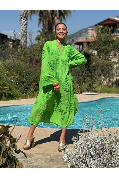 Punta Otantik Pt54830 Front Buttoned Embroidered High Neck Cotton Italian Dress Green