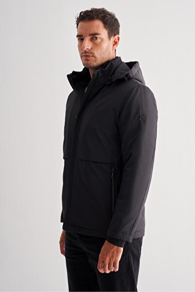 İmza Black Stand Collar Detachable Hood Slim Fit Casual Coat 1007255133