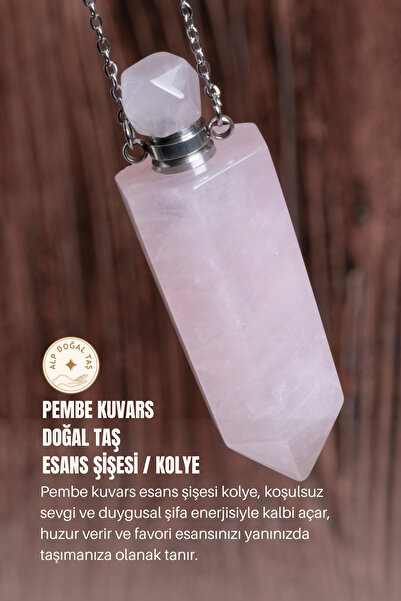 Alp Doğal Taş Sertifikalı Pembe Kuvars Doğal Taş Esans Şişesi / Kolye
