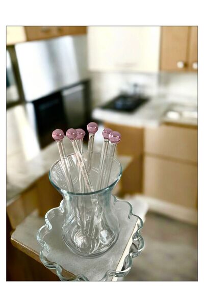 Arsglass El Yapımı Cam 6 Kişilik Pembe Top Model Çay Kaşığı Seti