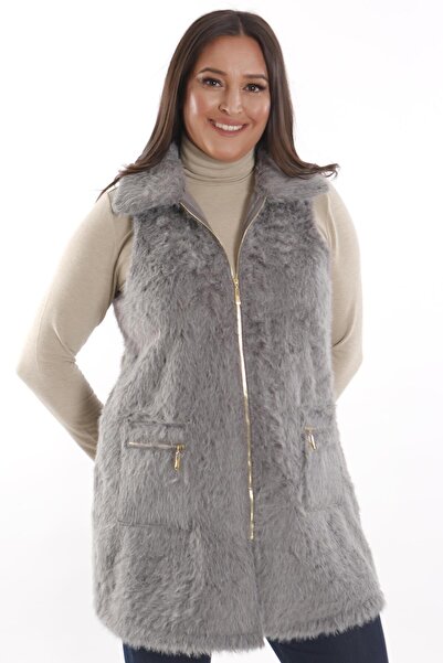 Metpoint Trend42Plus Large Size Gray Fur Vest with Zipper and Pocket Detail