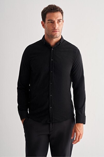 İmza Black Smart Button Collar Long Sleeve Pocketless Slim Fit Casual Shirt 1...