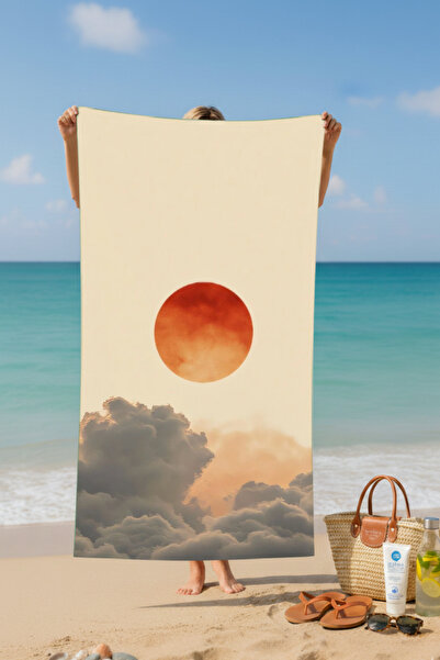 BETHA منشفة شاطئ قطنية مطبوعة بالشمس والسحب – تصميم منقوش – 75x150 سم