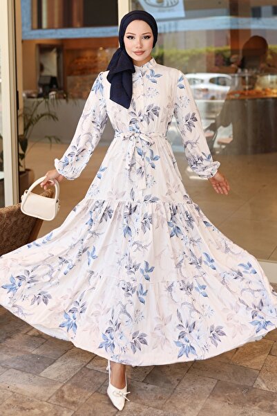 ModaMerve Yarım Düğmeli Desenli Elbise 562BRZK1151-MS Mavi